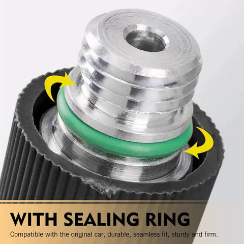Close-up of valve with green sealing ring from 17 Pcs Air Conditioning Valve Core Kit for R12 and R134A, highlighting teflon seal.