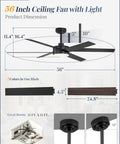 56 Inch Ceiling Fan With Lights And Remote Reversible 6 Blade DC Motor Dimmable 3000K To 6000K LED Outdoor Patio Ready Ceiling Fan Black Finish With Two Tone Blades Large Modern Ceiling Fan product dimensions and features