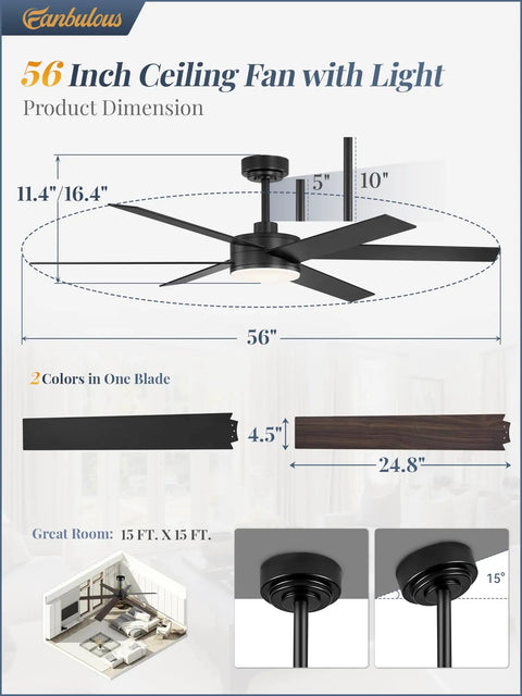 56 Inch Ceiling Fan With Lights And Remote Reversible 6 Blade DC Motor Dimmable 3000K To 6000K LED Outdoor Patio Ready Ceiling Fan Black Finish With Two Tone Blades Large Modern Ceiling Fan product dimensions and features
