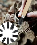 Pro Grade Ten Piece Wood Carving Chisel Set Forged From Heat Treated Chrome Vanadium Steel With Comfortable Wooden Handles, showing a detailed carving in progress.