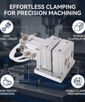 Pneumatic Clamp Workholding Fixture For CNC Machining With Automatic Loadin And Unloadin, 40kg Holding Force At 0.5 MPa, Compact Vise For Fast, Secure Workpiece Clamping In Any Shop. Compact aluminum pneumatic clamp fixture on CNC machine table
