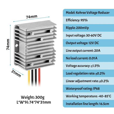Heavy Duty DC To DC Voltage Converter Regulator Step Down From 36V Or 48V To 12V At 20 Amps 240 Watts with aluminum heat sink and dimensions.
