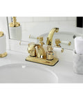 4 Inch Centerset Bathroom Faucet In Polished Brass, Durable Brass Zinc Alloy And ABS Construction, Deck Mount Three Hole Install, 1.2 GPM Flow At 60 PSI, Sleek Dope Modern Bath Upgrade with accessories and mirror reflection.