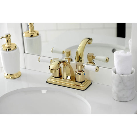 4 Inch Centerset Bathroom Faucet In Polished Brass, Durable Brass Zinc Alloy And ABS Construction, Deck Mount Three Hole Install, 1.2 GPM Flow At 60 PSI, Sleek Dope Modern Bath Upgrade with accessories and mirror reflection.