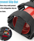Black nylon straps securely holding a red fire extinguisher, preventing slip out, for Badass Trail Tough Heavy Duty Black Nylon Fire Extinguisher Roll Bar Mount With Ultra Universal Hook Fastening Straps For Jeep Wrangler Off Road Rig Build.