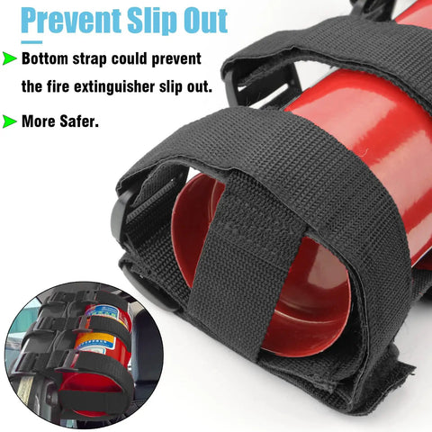 Black nylon straps securely holding a red fire extinguisher, preventing slip out, for Badass Trail Tough Heavy Duty Black Nylon Fire Extinguisher Roll Bar Mount With Ultra Universal Hook Fastening Straps For Jeep Wrangler Off Road Rig Build.