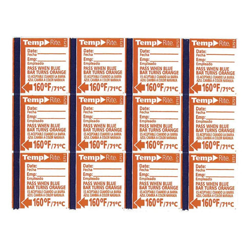TempRite 160F Dishwasher Test Labels 24 Pack Waterproof Single Use Temperature Indicator With Blue to Orange Color Change Band
