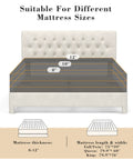 Queen Size Bed Frame With Plush Velvet Upholstered Headboard And Elegant Button Tufting Featuring Heavy Duty Wooden Slats For Zero Hassle Sleep No Box Spring Needed Straight Up Cozy Beige showing suitable mattress sizes with thickness options.