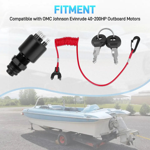 Boat Ignition Switch With Two Keys And Safety Lanyard For OMC Johnson Evinrude 40-200HP Outboard Motors Replacement 175974