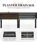 Image showing a Beefy Raised Garden Bed On Legs With Storage Shelf, Galvanized Elevated Planter Box For Backyard, Patio Or Balcony, 600 Lb Capacity, Deep 11.8 Inch Bed, Dark Grey, with focus on non-woven cloth and drainage holes for water management.