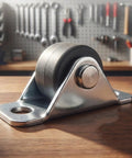 Eight Piece Low Profile Rigid Rubber Caster Wheels Non Swivel Fixed Plate Casters with Silent Rolling on wood surface.