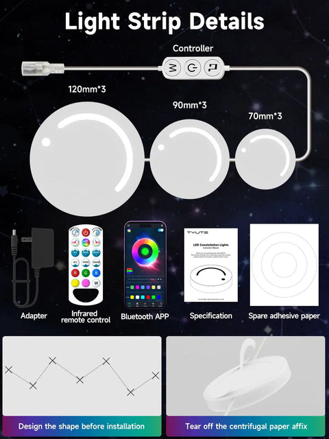 Smart 9 Piece LED DIY Constellation Light Kit With RGB Color Changing showing size and control details with app and remote.