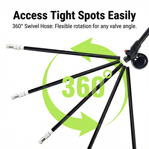 Effortless High Pressure Mountain Bike Shock Pump with 360 swivel hose displayed in multiple angles for flexibility.
