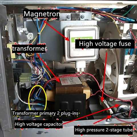 Inside view of a microwave highlighting 1000W Wind Cooling Microwave Magnetron Replacement 2M253J for Toshiba components and wiring.