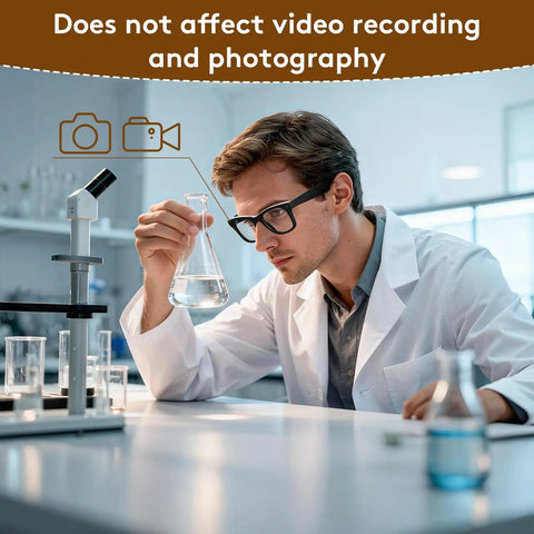 Scientist wearing Restickable Blackout Light Blocking Stickers For Meta Smart Glasses Block 99 Percent Of Peripheral Light in lab