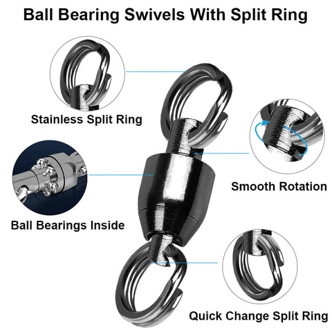 Saltwater Fishing Swivel Set With Stainless Steel Ball Bearing Connectors Beefy High Strength Swivels For Saltwater Tackle Corrosion Resistant Black Nickel Finish 25 Pcs 8 Lbs, black swivel with split ring