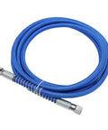 Blue Silicone Steam Hose 9.8ft for Steam Irons and Boilers coiled on white background, metal connectors visible
