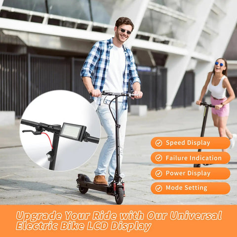 Person riding scooter with SW900 LCD Display Meter For Electric Bikes And Scooters, Waterproof Connector inset photo.