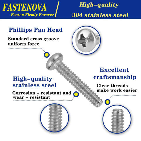 Heavy Duty 123 Piece 304 Stainless Steel Machine Screw Assortment Kit Packed With Hella Tough Phillips Pan Head Fasteners and Zero Rust Hassle For Cabinet and Closet Projects with clear threads