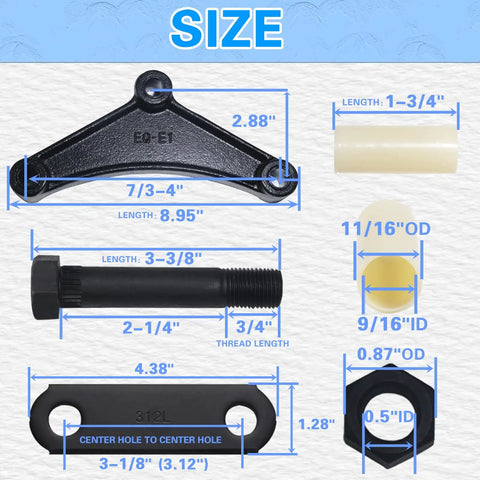 Trailer Axle Equalizer Shackle Kit components and dimensions for Double Eye Leaf Spring Tandem Axle Suspension 3500 to 5200 Lbs