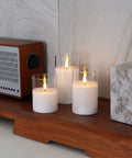 Clear Glass Flameless Candles With Timer And Remote Control Battery Powered LED Pillar Candles Set Of 3 In White Wax