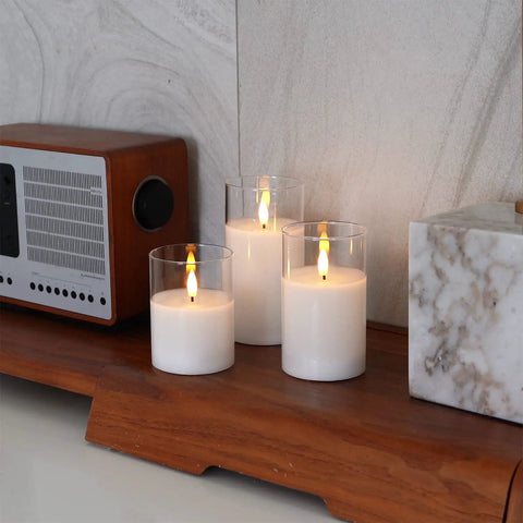 Clear Glass Flameless Candles With Timer And Remote Control Battery Powered LED Pillar Candles Set Of 3 In White Wax