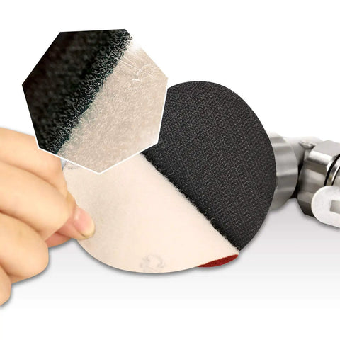 Close-up of Mini Air Angle Sander Grinder Be Your Handy Workhorse With 90 Degree Head backing plate and sanding disc attachment.