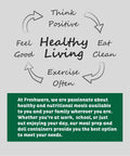 Infographic with text 'Healthy Living' surrounded by words 'Think Positive,' 'Eat Clean,' and 'Exercise Often' promoting Freshware.