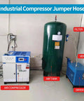 Badass Industrial Grade Stainless Steel Compressor Jumper Hose with Quarter Inch Npt Male Ends connected to air compressor and tank.