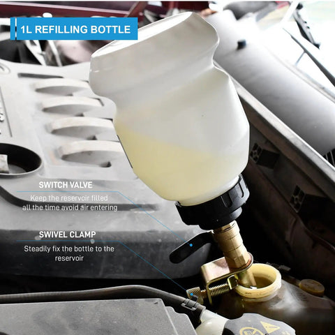 1L refilling bottle attached to car engine reservoir from 4L Vacuum Brake Bleeder Kit One Person Pneumatic Fluid Extractor