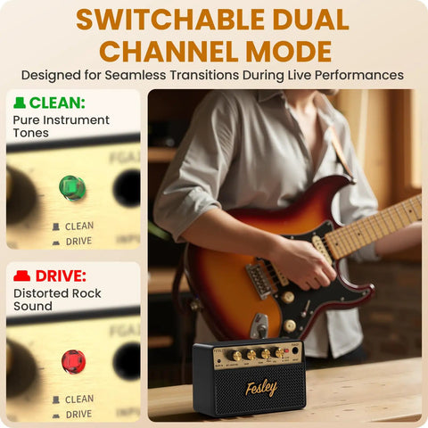 Musician using Compact 10W Bluetooth Guitar Amp For Practice With Dual Clean And Distortion Channels Rechargeable Mini Amp On The Go
