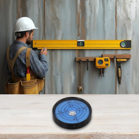 Worker using a 50x10mm High Precision Bubble Level Horizontal Measuring Tool with a measuring tape and tools.