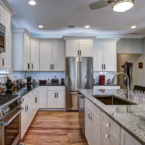 Modern kitchen with 12 Pack Modern Black And Gold Aluminum Cabinet Pulls Knurled Diamond Pattern Drawer Handles for cupboard doors.