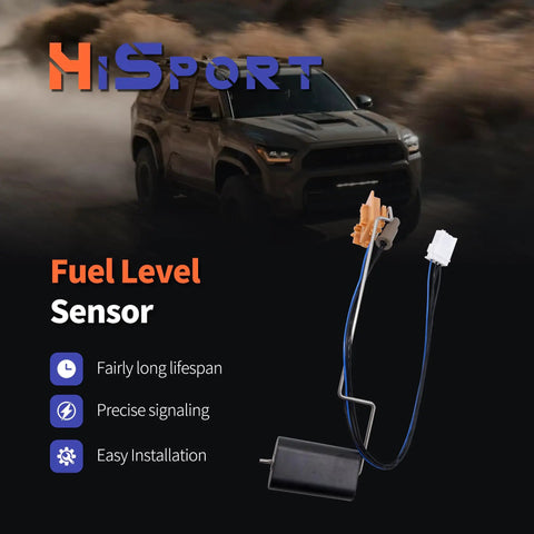 Easy Install Fuel Level Sensor And Sender Assembly displayed with specifications and a black vehicle on a dark background.