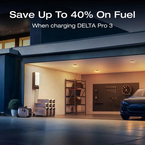 4096Wh Delta Pro 3 Power Station With 3200W Dual Fuel Generator in garage with tools and shelves for home emergency power.