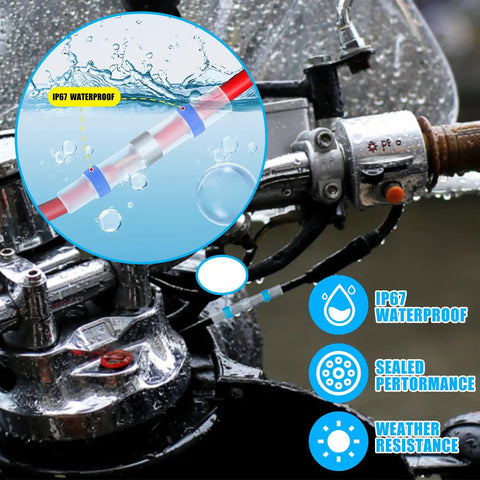Pro Grade 450 Piece Solder Stick Wire Connectors Kit With Marine Grade Heat Shrink Waterproof And Insulated Solder Stick Butt Terminals For Boat Auto Trailer RV Bundle installed on motorcycle handle with zoom on waterproof connection.