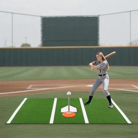 Baseball player on Baseball Hitting Mat 9.8 By 4.9 Feet Pro Grade Durable Batting Cage Turf With Home Plate And White Lines