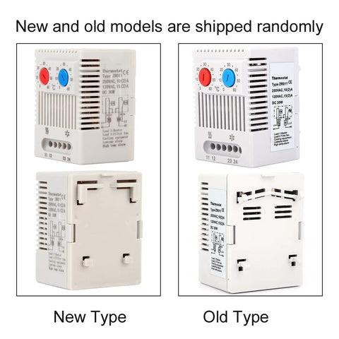 Adjustable Mechanical Thermostat Switch For Industrial Use, Built Tough, Impact Resistant Housing, 35mm DIN Rail Mount, Precise 0 To 60 C Temperature Control, Old and New Models Comparison, Side and Front View, Model ZR011