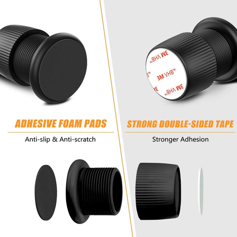 Kick Up Your Bedroom Sleeper Or Couch By 1.6 To 2.6 Inches With Smooth Stepless Thread Adjustment And Built Tough Non Slip Base Black Adjustable Furniture Risers Pack Of 4 showing adhesive foam pads and strong double-sided tape.