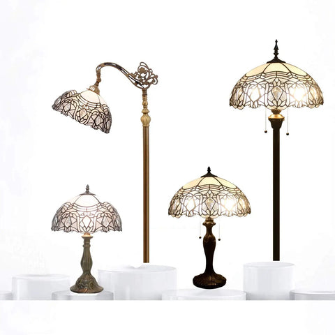 Tiffany Style Table Lamp With White Bent Stained Glass Crystal Shade, 12x12x22 Inches, UL Listed Bedside Desk Reading Light