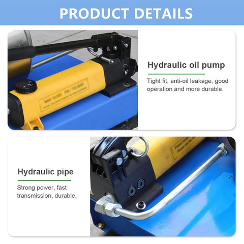 Top Tier Manual Hydraulic Hose Crimping Machine With Seven Quick Change Dies And Magnetic Jaw on blue base with hydraulic pump and pipe.