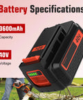 40 Volt Replacement Battery with 3600 mAh capacity, heavy duty design for cordless tools and outdoor gear.
