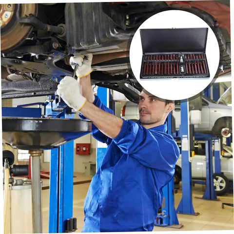 Forty Piece Star Spline Socket Bit Set For Quick Auto Repair And Top Notch Mechanics Work Features durable bits being used by a mechanic.