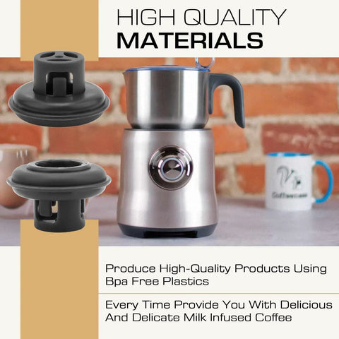 Latte Frothing Disc Replacement For Breville Milk Cafe Delivers Cafe Style Lattes At Home With Rich Microfoam Milk Frother Plate To Fix Frothing Problems Easy Install Durable Replacement Part For Smooth Creamy Foam in front of a milk frother machine on a kitchen counter.