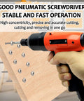 Heavy-Duty Pneumatic Pulse Torque Wrench, Pistol Grip Air Impact Driver held against wood with visible screws.