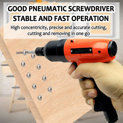 Heavy-Duty Pneumatic Pulse Torque Wrench, Pistol Grip Air Impact Driver held against wood with visible screws.
