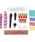 Premium TIG Welding Torch Kit With Gas Lens Type 10 Glass Ceramic Cup And Copper Accessories Designed For WP17 WP18 WP26 Argon Arc Guns assorted components including cups, nozzles, and adaptors.