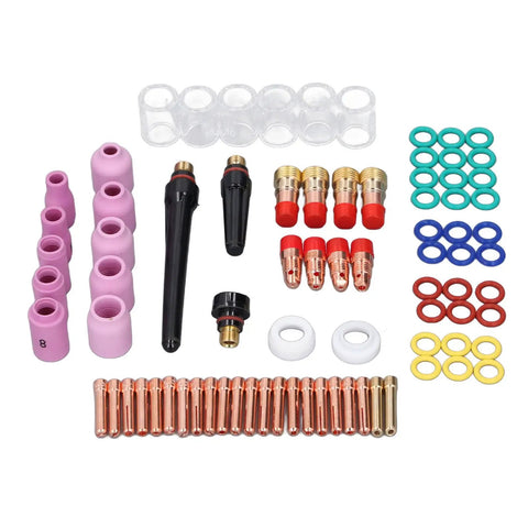 Premium TIG Welding Torch Kit With Gas Lens Type 10 Glass Ceramic Cup And Copper Accessories Designed For WP17 WP18 WP26 Argon Arc Guns assorted components including cups, nozzles, and adaptors.