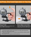 Digital Thickness Gauge For Leather Paper Fabric And Film With 0.0005 Inch Resolution And 0 To 0.5 Inch Range shown handheld
