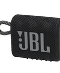 Black JBL Go Anywhere Tiny But Mighty Mini Bluetooth Speaker with Big Sound and Punchy Bass, loop handle, side view